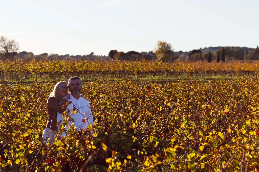 Couple during a photoshoot in a vineyard in autumn in the Pays d’Aix, with rows of vines with golden leaves and warm late-day light