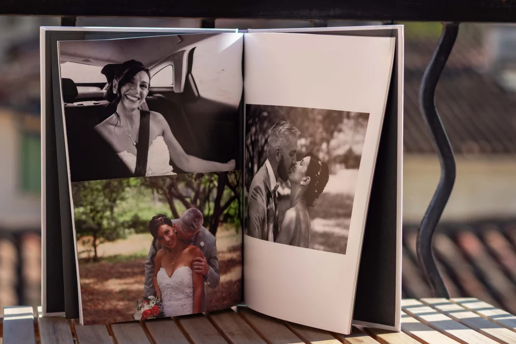 Example of a hardcover wedding album double page with several photos