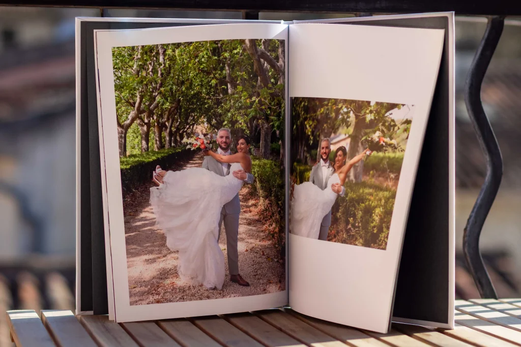 Example of a hardcover wedding album layout with a portrait couple photo