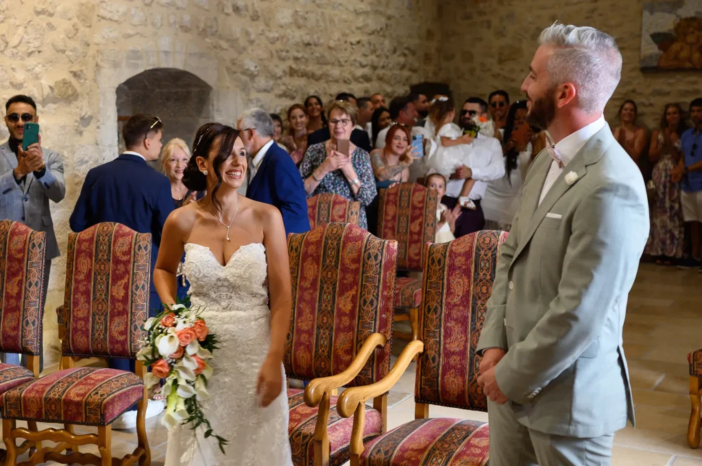 The couple seeing each other at Trets town hall at the start of the civil wedding ceremony